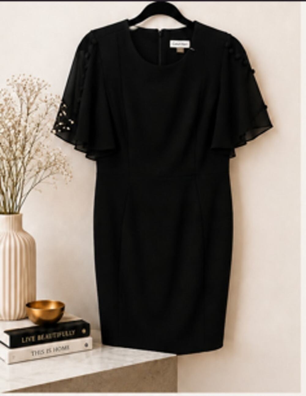Calvin Klein Black Sheath Dress Flutter Sleeve Petite 10P Cocktail